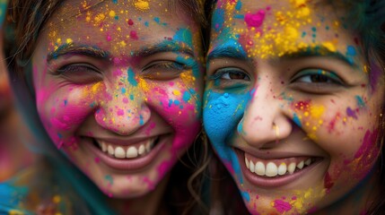 Dwie dziewczyny uśmiechają się, mają na sobie kolorową farbę, zapewne z okazji święta kolorów Holi.  - obrazy, fototapety, plakaty