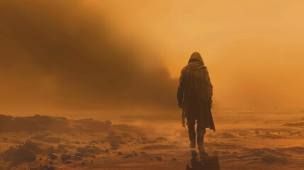 A lone figure traverses a desolate, barren landscape under an ominous orange sky, suggesting an otherworldly or post-apocalyptic scene