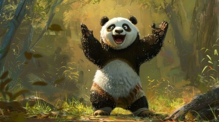 A lone panda performing a comedy routine, eliciting laughter with its antics. - obrazy, fototapety, plakaty