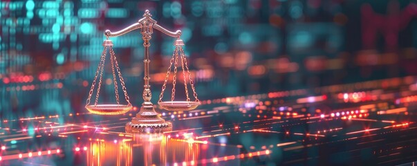 Glowing Scales of Justice on Blue Background - obrazy, fototapety, plakaty
