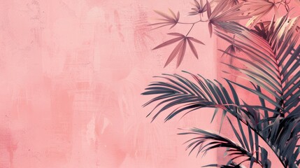 Fototapeta na wymiar Tropical palm leaves on a pink textured background