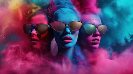 Trzy glowy kobiet otoczone kolorowym dymem z tęczowym proszkiem na twarzach. Abstrakcja podczas święta kolorów Holi. - obrazy, fototapety, plakaty