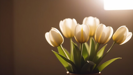 Bouquet of yellow flowers with sunrays, beautiful tulips with space for a copy. Greeting card with yellow tulips in a vase, flowers with green leaves, space for copy, text and advertising