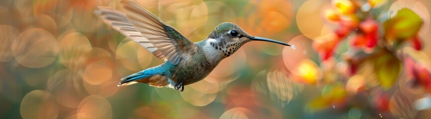Hummingbird flying next to beautiful flower for sucking nectar from bloom in the forest. Tinny bird fly in jungle. Wildlife in tropic Costa Rica. - obrazy, fototapety, plakaty