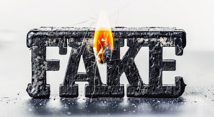 THAWED FAKE STAMP, Water drops, Flame, Burning, Word, Pattern, Concept. Huge stone text with the word FAKE thawed by a flame that discovered the hidden iced word and the deception. Concept art. - obrazy, fototapety, plakaty
