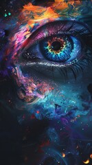 Abstract colorful eye illustration with cosmic elements