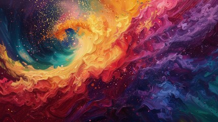 Wirujące kolorowe wiry kosmiczne we wszystkich kolorach tęczy. Malowidło wykonane jest techniką olejną w dynamiczny sposób 