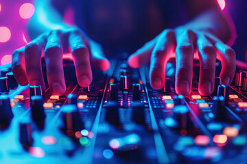 male hands of DJ mixes music on a DJ console mixer board at a night club