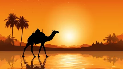 Foto op Plexiglas Moonlit desert captivating banner of camels in serene and beautiful arid landscape © Aliaksandra