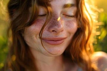 Intimate Shot of a Serene Beauty, Softly Smiling as Sunlight Caresses Her Face, Reflecting Her Inner Peace 