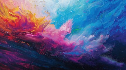Malarstwo abstrakcyjne przedstawiające wirujące w powietrzu kolorowe proszki, żywe obrazy olejne w odcieniach niebieskiego, różowego i żółtego. Tło na święto holi - obrazy, fototapety, plakaty