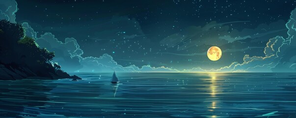 Serene night seascape with full moon and sailing boat - obrazy, fototapety, plakaty