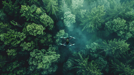 Top-down aerial view captures serene early morning mist over a dense, poignant green forest,...
