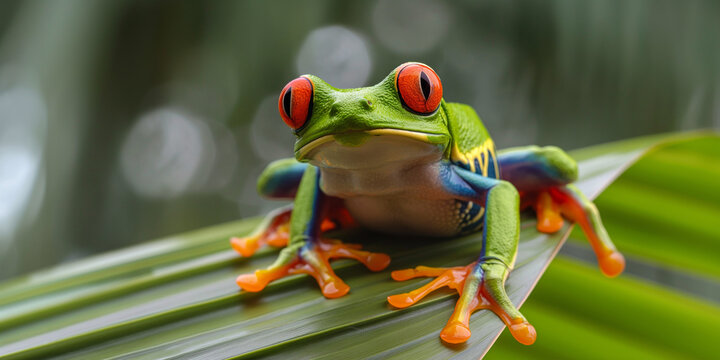Red Eyed Amazon Tree Frog photographed on a palm leaf. Generative AI, F002