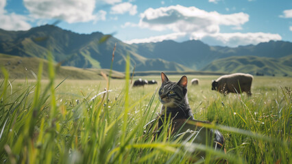 Feline in the Fields: A Cat Amidst Cattle and Sheep