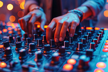 male hands of DJ mixes music on a DJ console at a night club