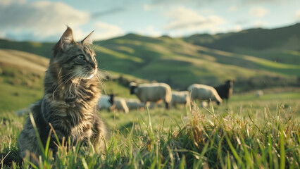 Feline in the Fields: A Cat Amidst Cattle and Sheep