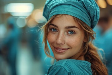 A close-up of a nurse sporting a charming smile and friendly demeanor in a medical setting