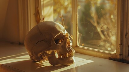 Human skull on a windowsill with sunlight