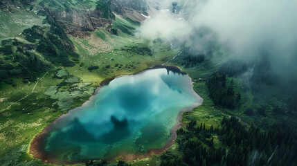 An ethereal image showing a serene mountain lake wrapped in rolling fog, evoking a sense of mystery - obrazy, fototapety, plakaty