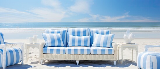 A beach setting with a comfortable couch and chairs placed on the sand, overlooking the serene ocean