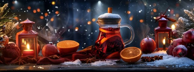 Banner with aromatic hot mulled wine in glass cap with spices and citrus fruit on a table. Snow and lights. Concept of festive atmosphere and cozy winter mood. Traditional hot Christmas drink