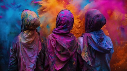 Trzy dziewczyny w hidżab stojące obok siebie w rzędzie sa obsypane intensywnymi barwami, tworząc kontrastowe i dynamiczne zdjęcie w dniu Holi - obrazy, fototapety, plakaty