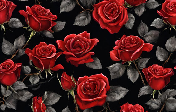 A close up of a bunch of red roses with green leaves generative ai
