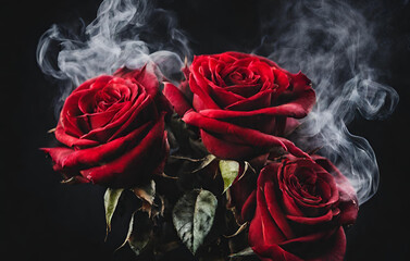 Red rose with smoke on a black background