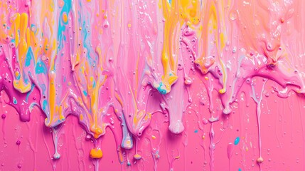 Na tle widać bliskie ujęcie rózowej teczowej farby, która spływa po ścianie. Kolory są intensywne i kontrastują ze sobą, tworząc radosna kreatywną tapetę. 