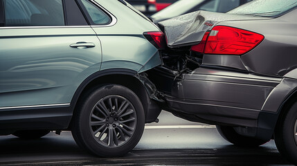 Accident between two cars. Cars stand next to each other, side view. Bumpers damaged