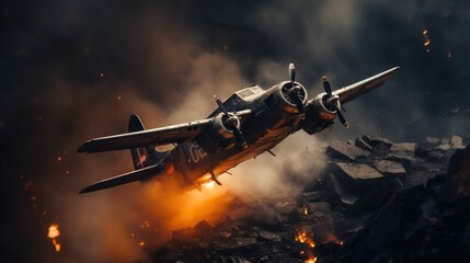The plane flies over a rocky area surrounded by fire and smoke