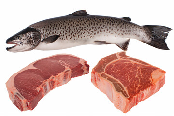 A fish and two cuts of meat, all uncooked, are displayed on a white background
