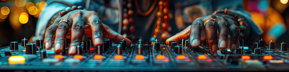 male hands of black DJ mixes music on a DJ console mixer at a night club in party