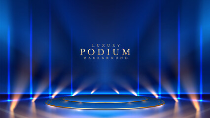 Luxury background design concepts with futuristic blue stage with spotlight beams projecting upwards in a darkened space.