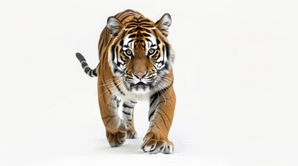 A daring tiger poised for action, ready to leap into the spotlight against a pure white background.