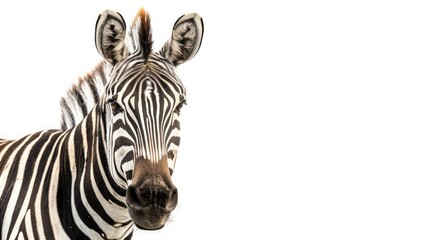 Fototapeta na wymiar A curious zebra with striking stripes, its gaze capturing attention effortlessly against a pure white background.