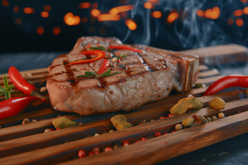 A steak with chili peppers on a wooden plank with a dark background