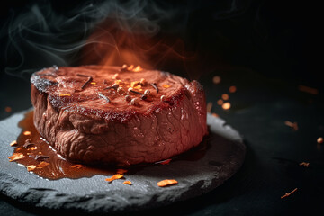 A steak is on a black stone plate, surrounded by smoke and chili peppers
