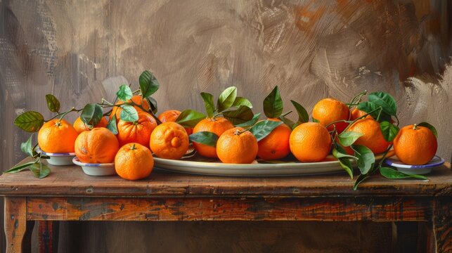 Still life of fresh oranges on a wooden table