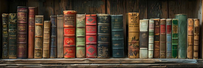 Vintage Collection of JM Dent Classical Literature Nestled on Worn Wooden Shelf - obrazy, fototapety, plakaty