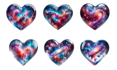 3d realistic galaxy glass heart icon set isolated on a transparent background.	