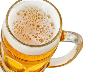 A close-up of a glass mug filled with beer, with a white background.