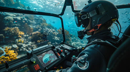 The image shows a focused pilot in a wetsuit maneuvering a submarine, surrounded by a vivid underwater landscape - obrazy, fototapety, plakaty