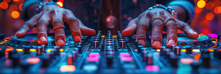 male hands of a black DJ mixes music on a DJ console mixer with turntable at a nightclub in night...