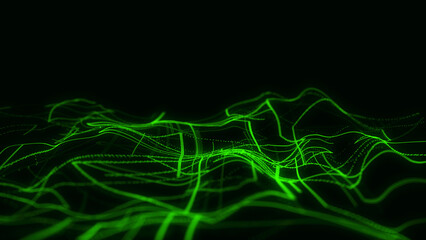 Green wave with motion dots. Abstract digital background. Concept connection big data. Futuristic technology backdrop. 3D rendering.