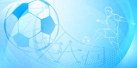 Football themed background in blue tones with abstract dots, meshes and curves, with sport symbols such as a football player, stadium and ball