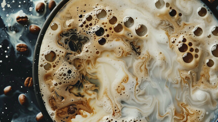 Close-up of coffee foam with coffee beans. Macro shot of a fresh brew. Coffee and cafe concept