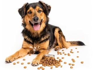 Dog laying next to dry dog food, dog and its food.