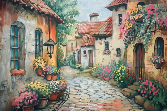 A chalk mural drawing painting with a european village street with flowers, wallpaper background